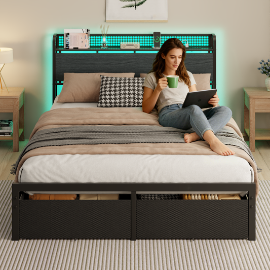 Furnulem Queen Bed Frame with Headboard Storage, Platform Bed Frame Queen Size with Charging Station, 2 Drawers & LED, No Box Spring Needed, Noise Free, Easy Assembly, Rustic Grey (1000 lbs Capacity)