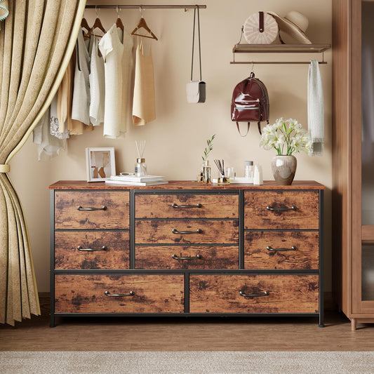 Furnulem 45” Long Dresser for Bedroom, Fabric Dresser with 9 Drawers, TV Stand with Storage, Chest of Drawers for Organization, Closet, Bedroom, Living Room, Hallway, Wood Top, Rustic Brown