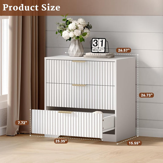 Furnulem Fluted Night Stand with 3 Drawers – White Bedside Table for Bedroom, Elegant 26'' Wide Wooden Nightstand Modern Furniture for Living Room, Hallway