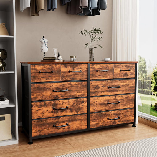 Furnulem Dresser for Bedroom with 10 Fabric Drawers, 45 Inch Long Dresser TV Stand, Entertainment Center with Storage, Dresses & Chests of Drawers for Closet, Living Room, Hallway, Rustic Brown