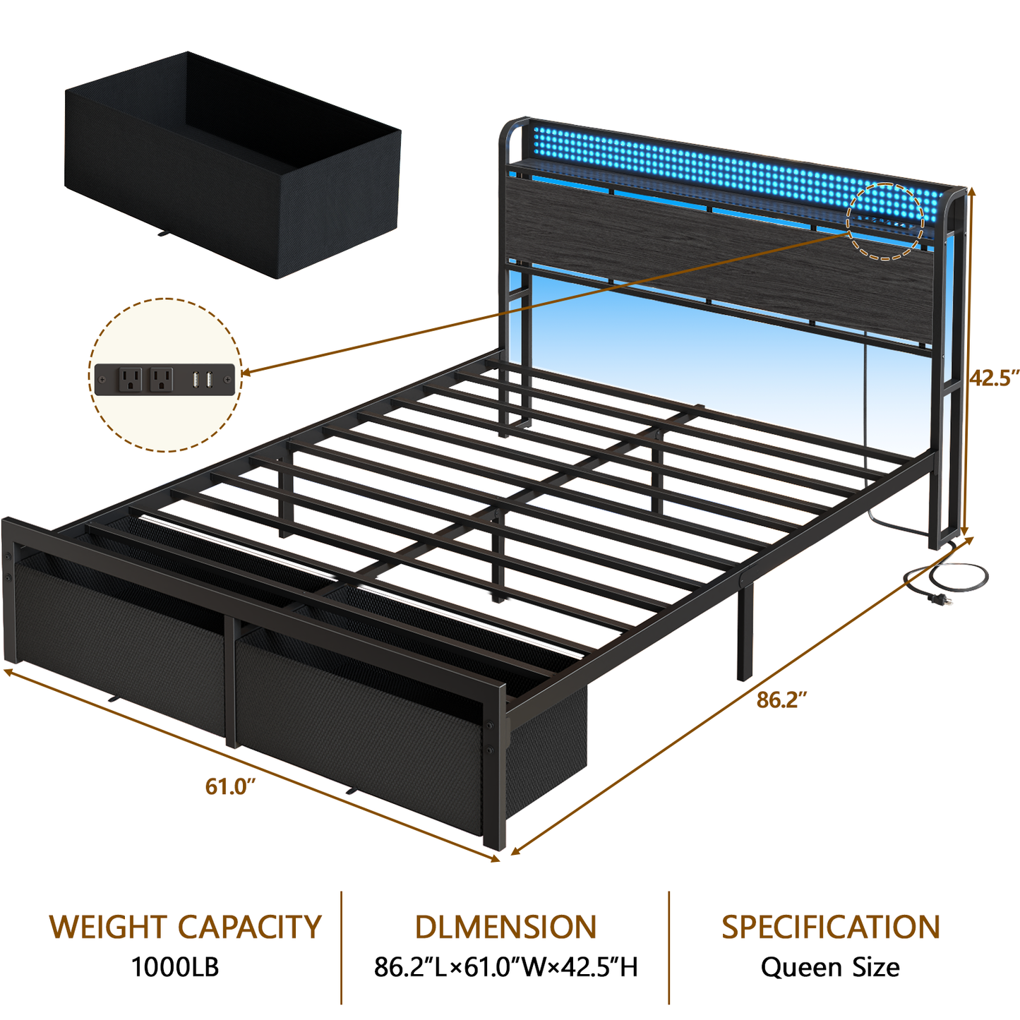 Furnulem Queen Bed Frame with Headboard Storage, Platform Bed Frame Queen Size with Charging Station, 2 Drawers & LED, No Box Spring Needed, Noise Free, Easy Assembly, Rustic Grey (1000 lbs Capacity)