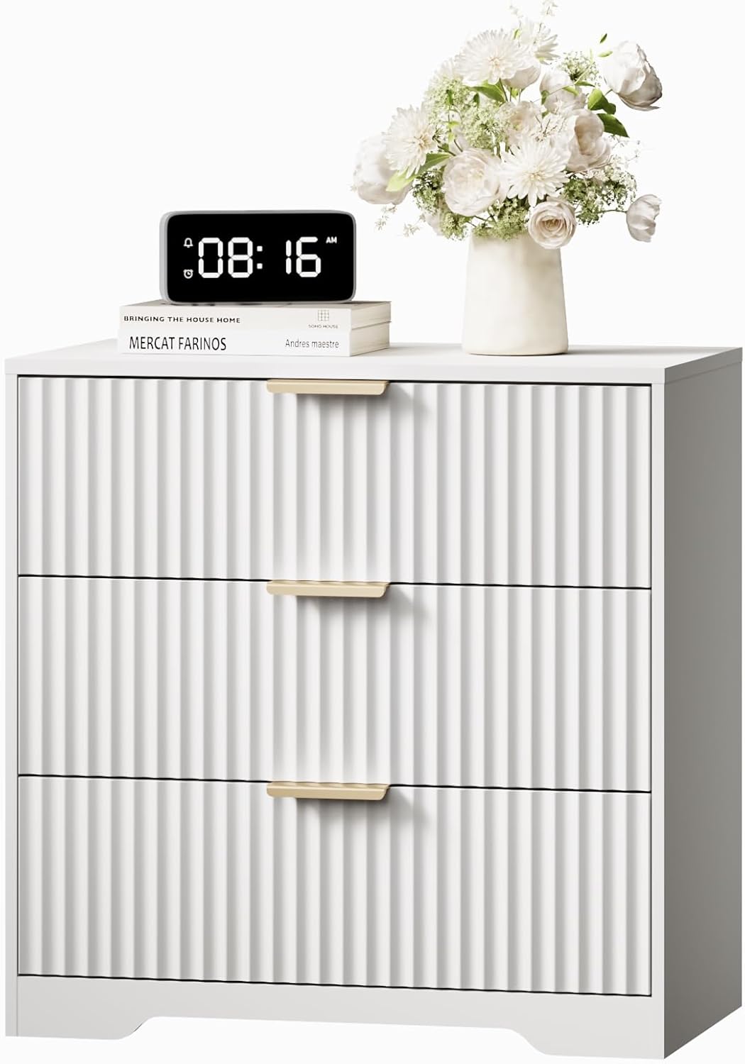 Furnulem Fluted Night Stand with 3 Drawers – White Bedside Table for Bedroom, Elegant 26'' Wide Wooden Nightstand Modern Furniture for Living Room, Hallway