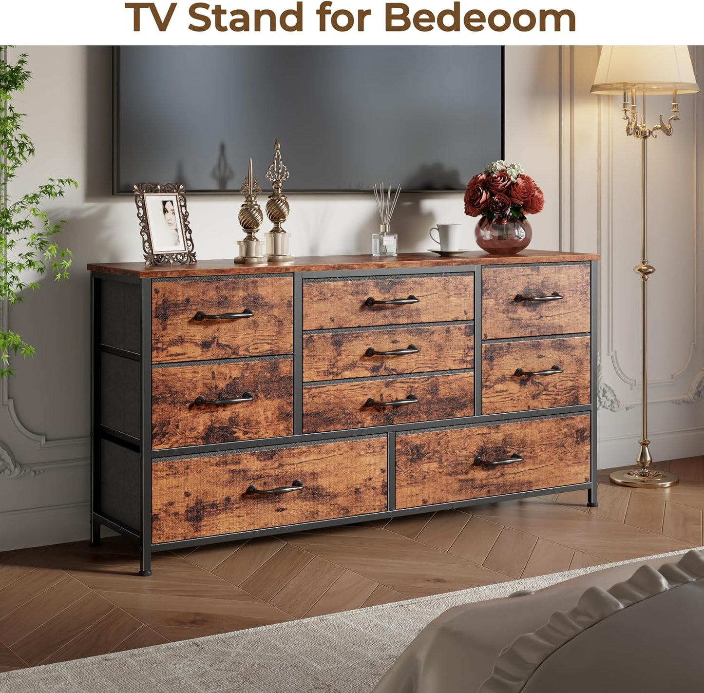 Furnulem 45” Long Dresser for Bedroom, Fabric Dresser with 9 Drawers, TV Stand with Storage, Chest of Drawers for Organization, Closet, Bedroom, Living Room, Hallway, Wood Top, Rustic Brown