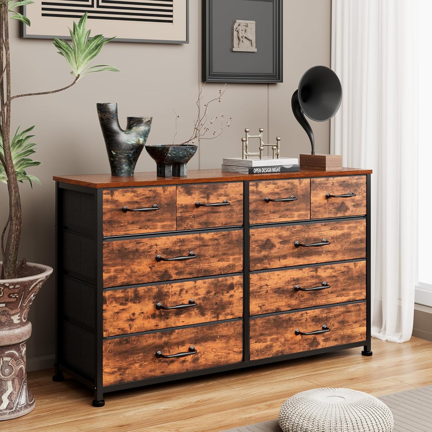 Furnulem Dresser for Bedroom with 10 Fabric Drawers, 45 Inch Long Dresser TV Stand, Entertainment Center with Storage, Dresses & Chests of Drawers for Closet, Living Room, Hallway, Rustic Brown