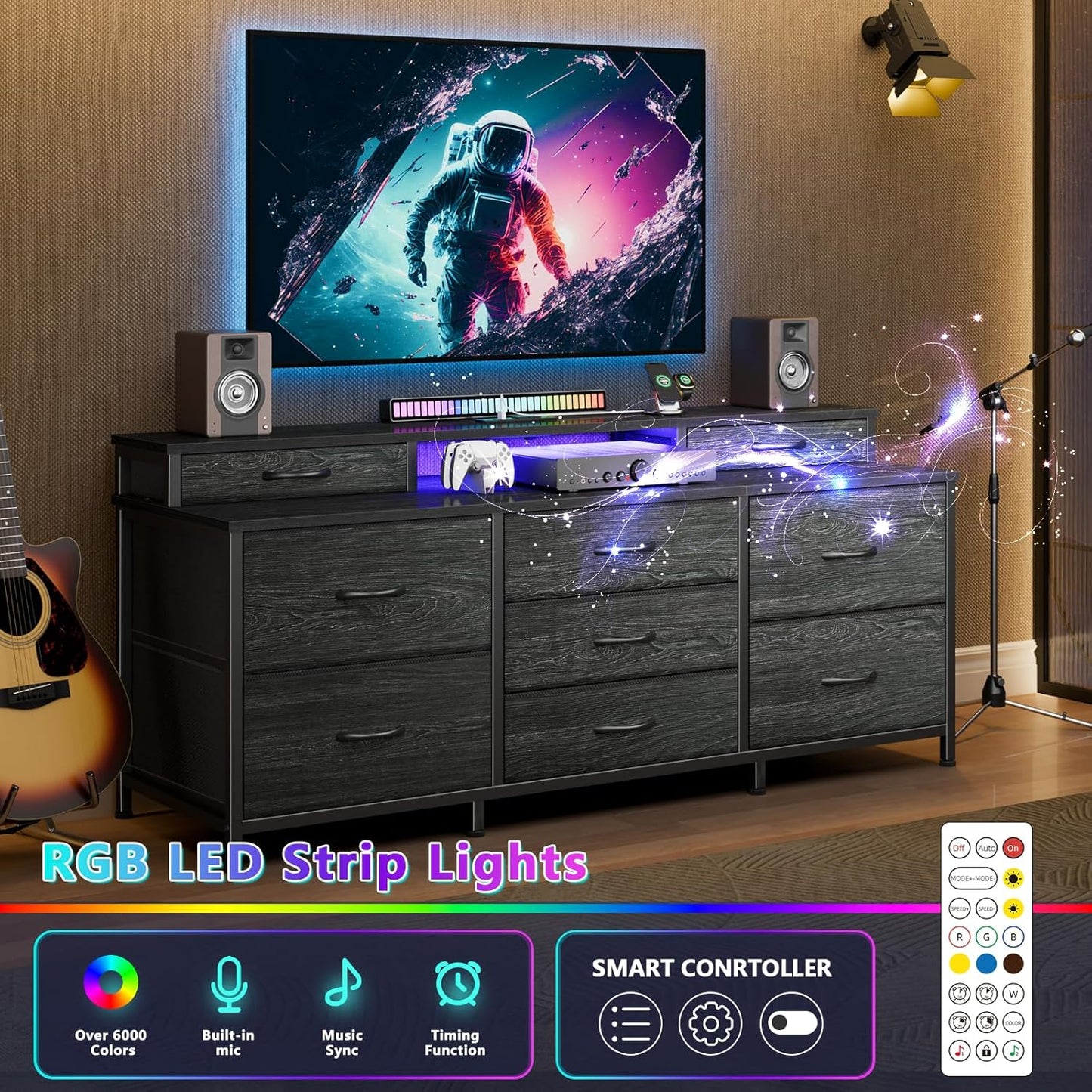 Furnulem Dresser, Black Dresser for Bedroom with 9 Storage Organizer Drawers and Open Shelf, 55" Entertainment Center with LED Lights and Charging Station, Chest of Drawers for Living Room Bedroom