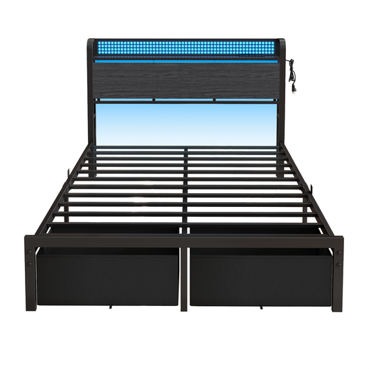 Furnulem Full Size Bed Frame with Headboard Storage, Platform Bed Frame with Charging Station, 2 Drawers & LED Lights, No Box Spring Needed, Noise Free, Easy Assembly, Rustic Grey (1000 lbs Capacity)