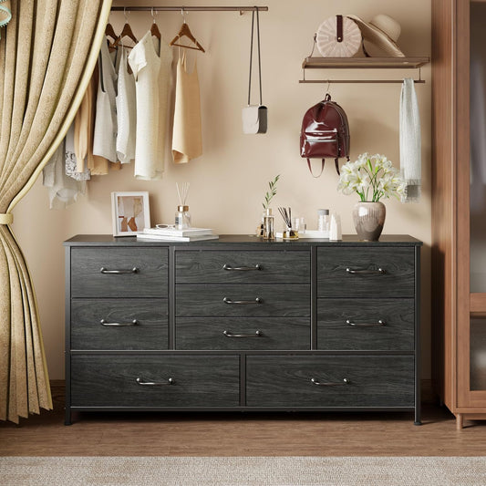 Furnulem 45” Long Dresser for Bedroom, Fabric Dresser with 9 Drawers, TV Stand with Storage, Chest of Drawers for Organization, Closet, Bedroom, Living Room, Hallway, Wood Top, Black