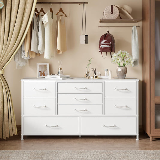 Furnulem 45” Long Dresser for Bedroom, Fabric Dresser with 9 Drawers, TV Stand with Storage, Chest of Drawers for Organization, Closet, Bedroom, Living Room, Hallway, Wood Top,White
