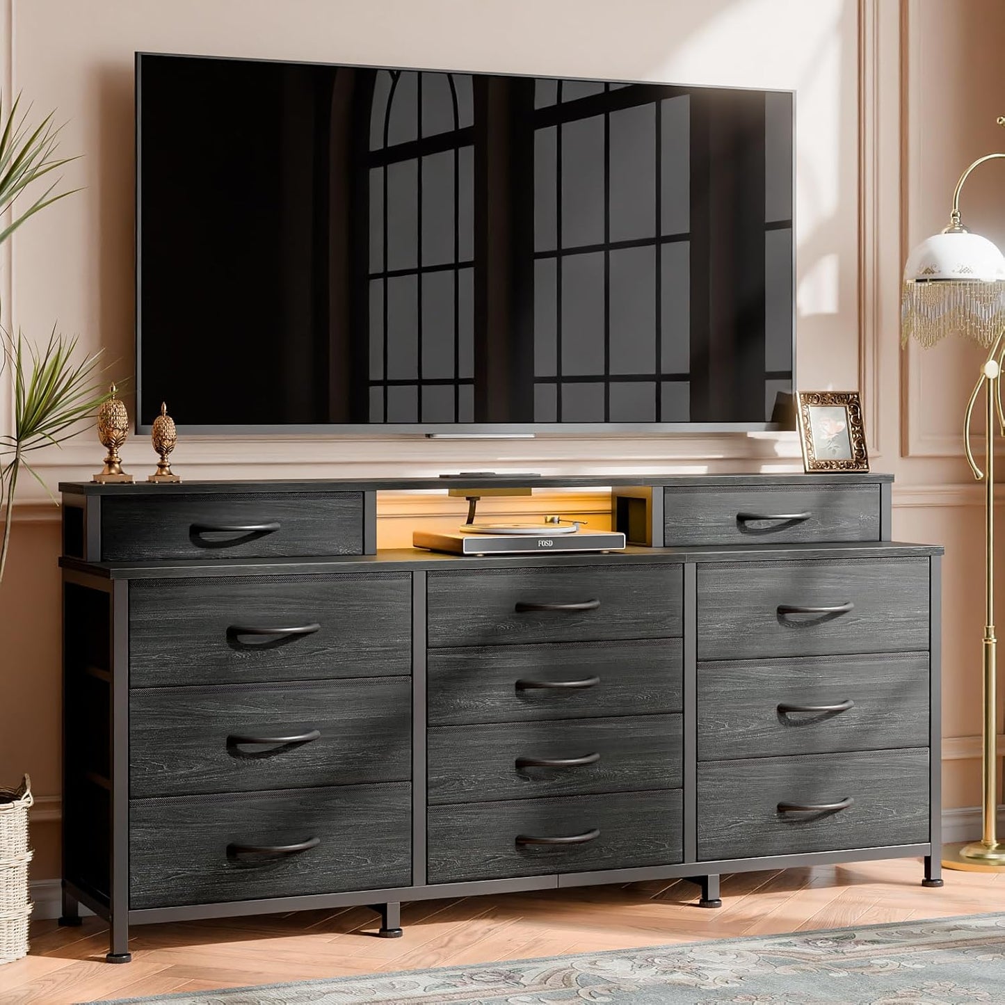 Furnulem Dresser with LED Lights & Charging Station, 55" Black Dresser for Bedroom with 12 Storage Organizer Drawers, Entertainment Center for Bedroom, Living Room, Closet, Wooden Top, Metal Frame