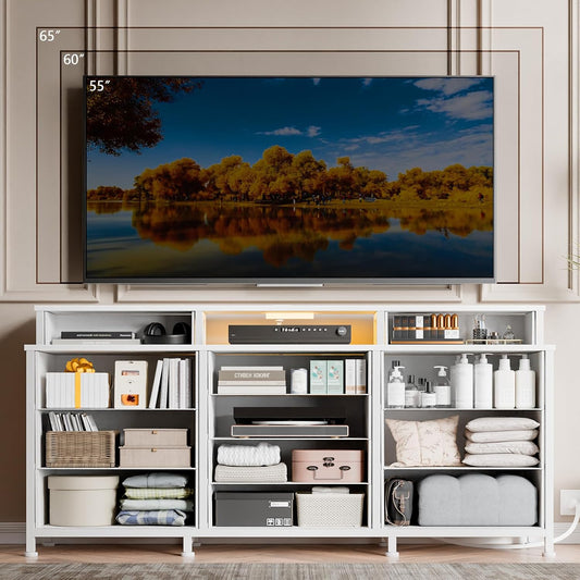 Furnulem Dresser for Bedroom with LED Lights & Charging Station, 55" Bedroom Dresser with 12 Storage Organizer Drawers, White Chest of Drawers for Bedroom, Living Room, Closet, Wooden Top, Metal Frame