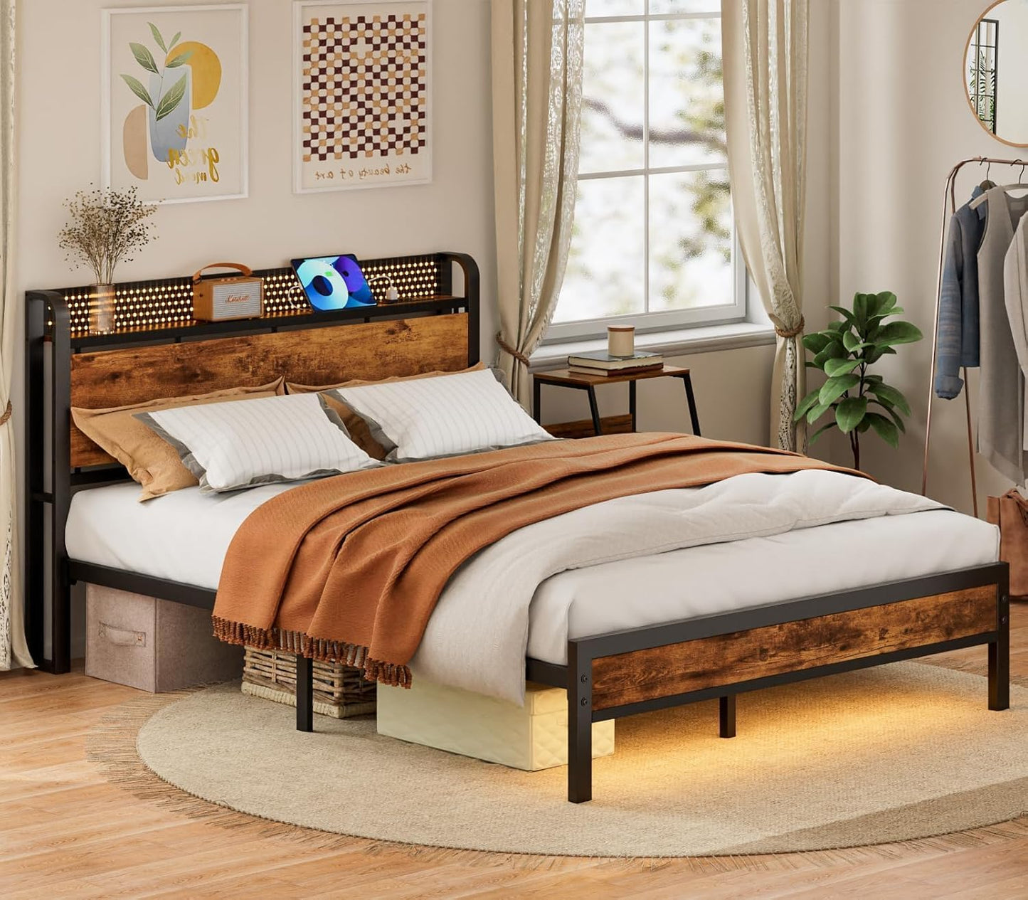 Furnulem Queen Bed Frame with Headboard Storage, Bed Frame Queen Size with Charging Station and LED Lights No Box Spring Needed,Heavy Duty Steel Slats,Noise Free