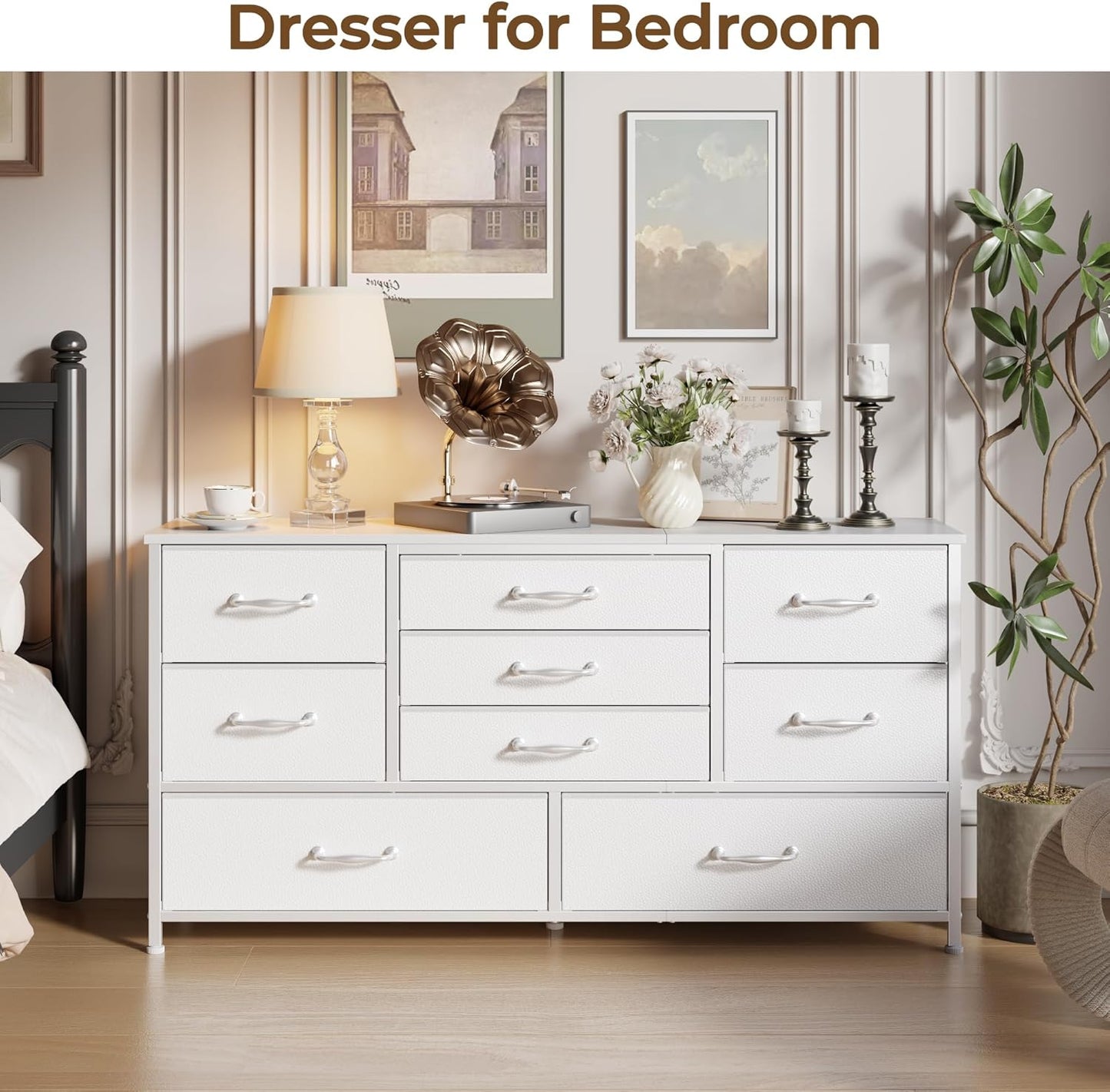 Furnulem 45” Long Dresser for Bedroom, Fabric Dresser with 9 Drawers, TV Stand with Storage, Chest of Drawers for Organization, Closet, Bedroom, Living Room, Hallway, Wood Top,White
