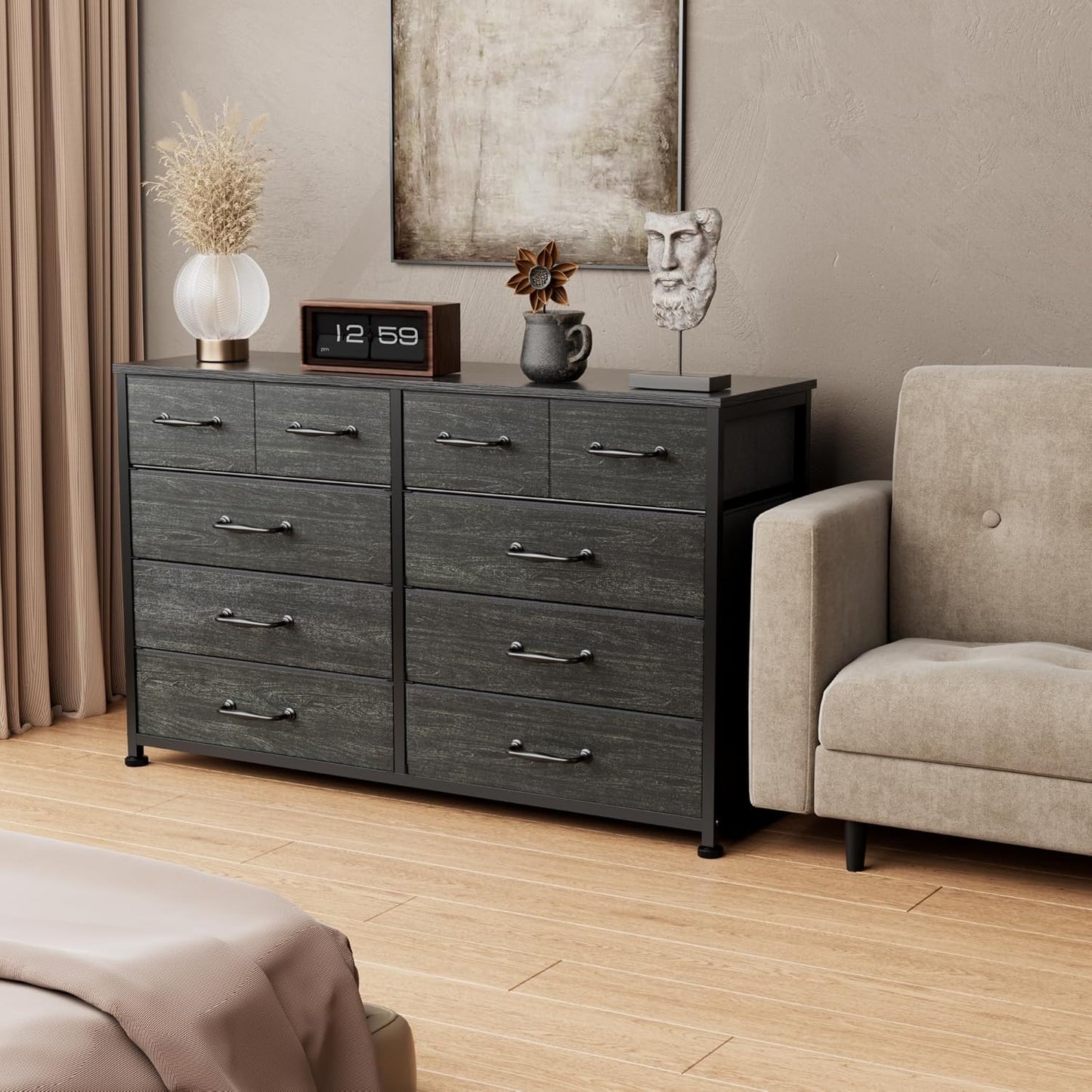 Furnulem Dresser for Bedroom with 10 Fabric Drawers, 45 Inch Long Dresser TV Stand, Entertainment Center with Storage, Dresses & Chests of Drawers for Closet, Living Room, Hallway, Black Oak