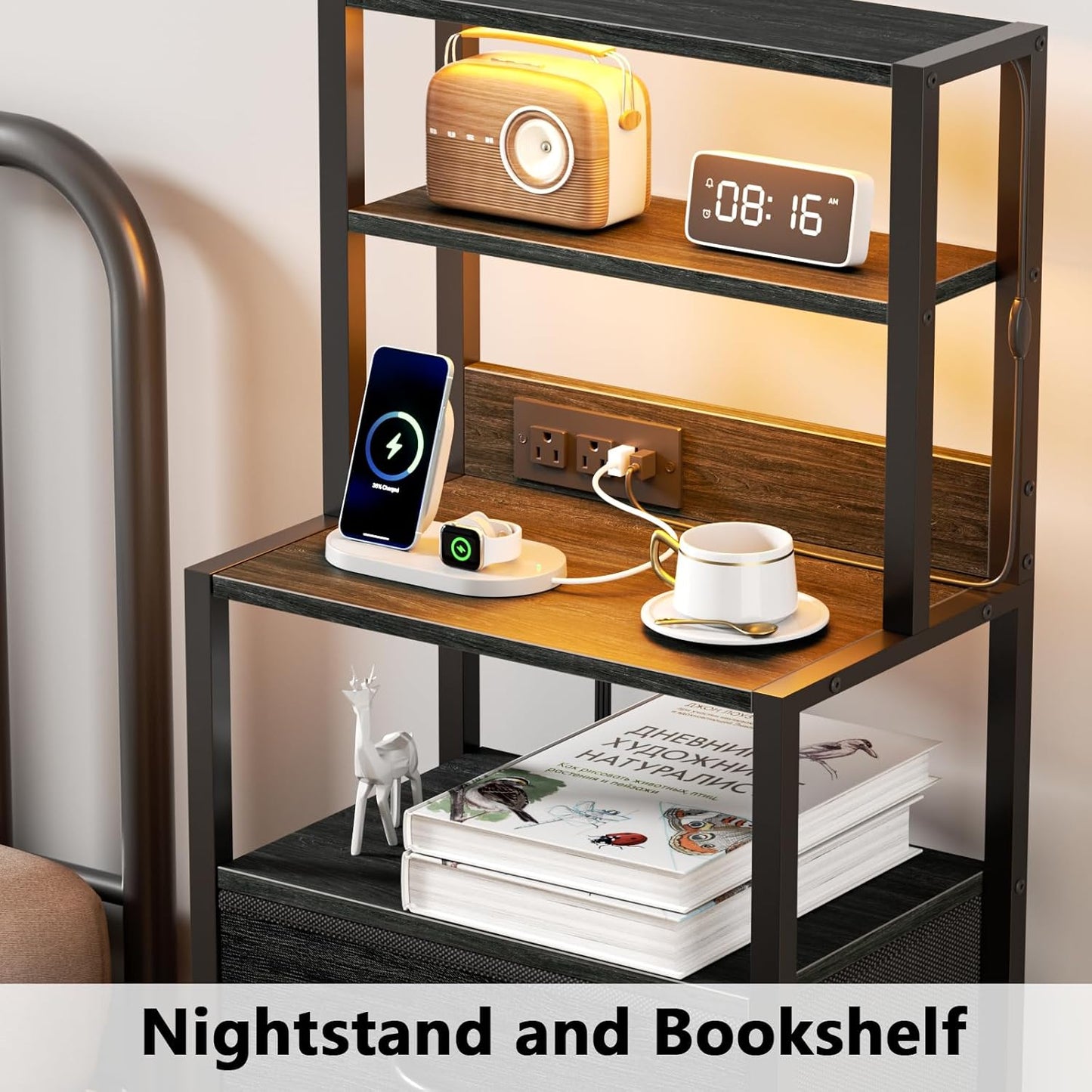 Furnulem Night Stand, Tall Nightstand with 4-Tier Shelves and 3 Fabric Drawers, LED Bed Side Tables with Charging Station, Bedside Table for Bedroom, Hallway, Home Office, Black Oak