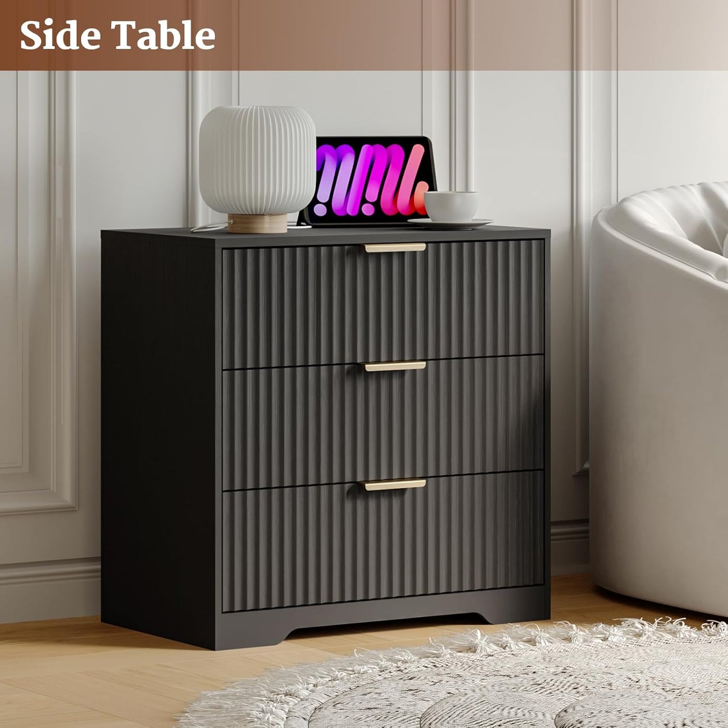 Furnulem Fluted 3-Drawer Night Stand, Black Modern Bedroom Side Table with Elegant Design – Compact Bedside Table for Small & Large Bedrooms