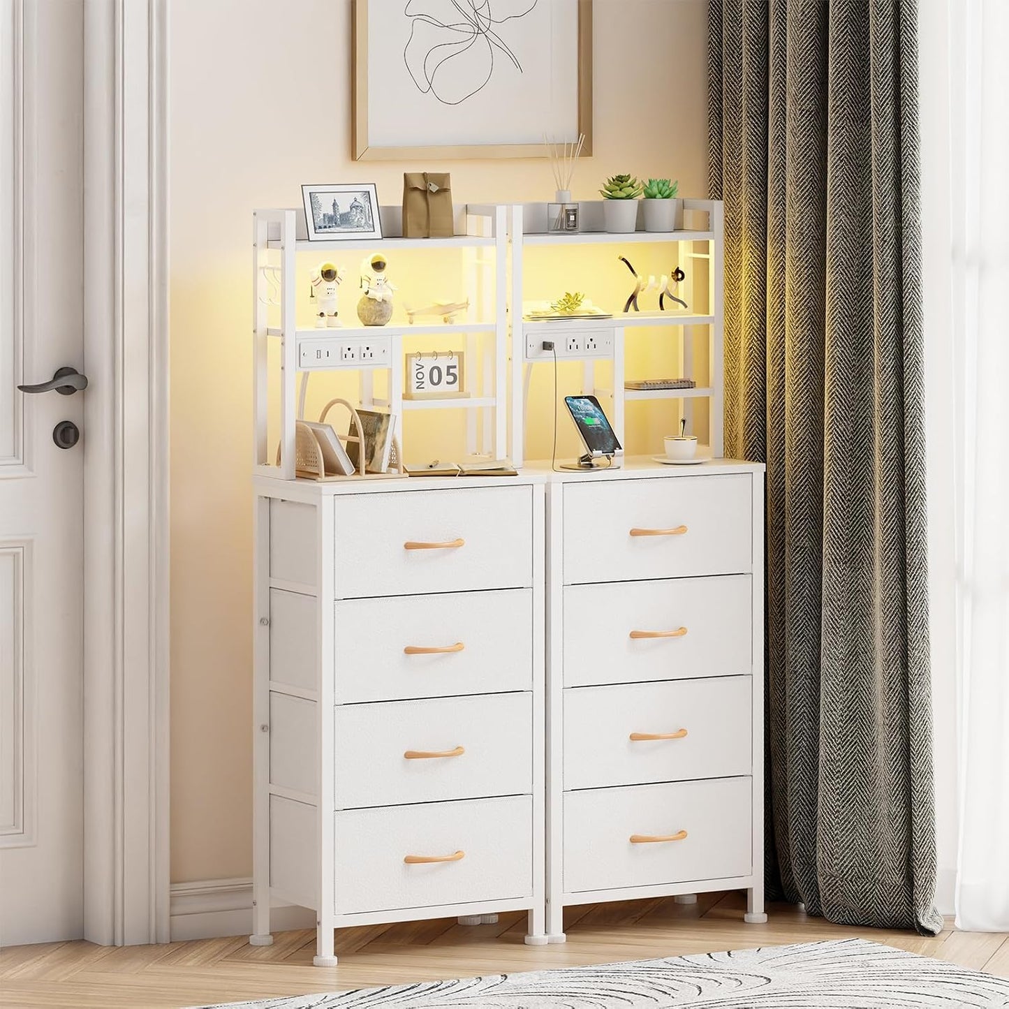 Furnulem Tall Night Stand, 52.1" LED White Nightstand with Charging Station