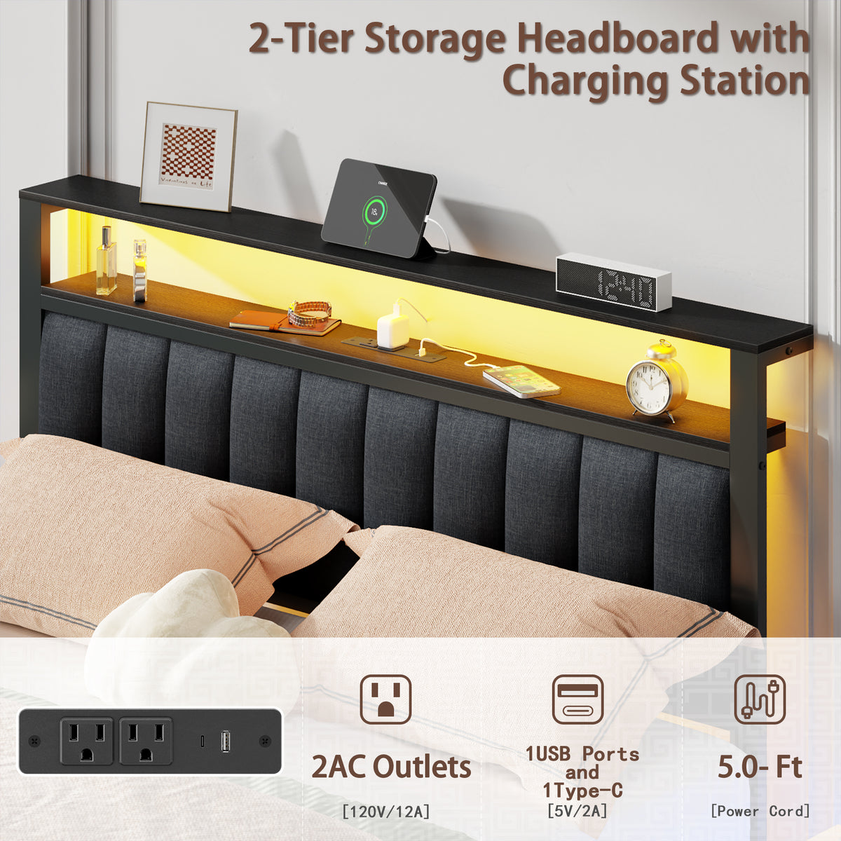 Queen Bed Frame with Charging Station LED Lights 2 Storage Drawers and Upholstered Headboard