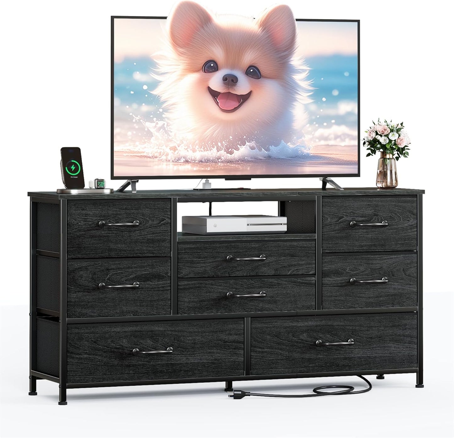 Furnulem 45” Long Dresser for Bedroom, TV Stand with Storage, 8 Drawer Fabric Dresser with Charging Station, Entertainment Center & Chest of Drawers for Bedroom, Living Room, Hallway, Wood Top, Black