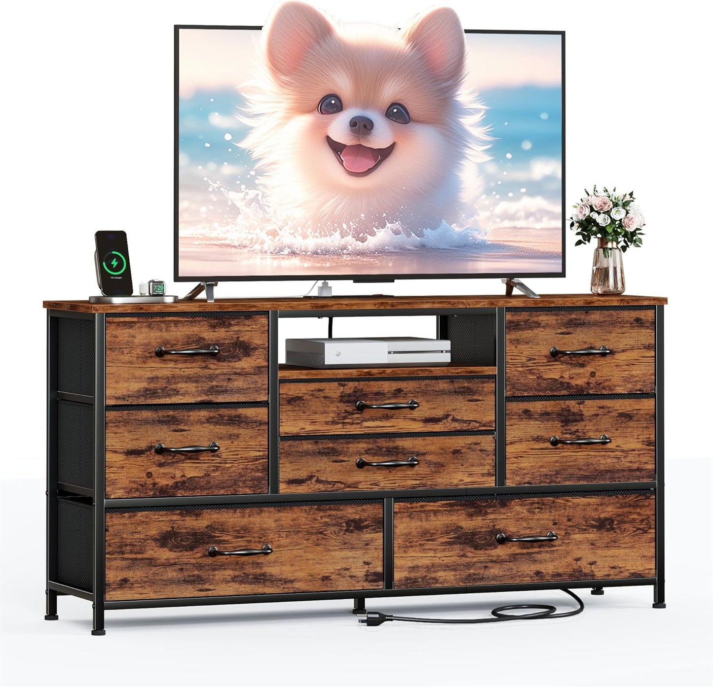 Furnulem 45” Long Dresser for Bedroom, TV Stand with Storage, 8 Drawer Fabric Dresser with Charging Station, Chest of Drawers for Bedroom, Living Room, Hallway, Wood Top, Rustic Brown