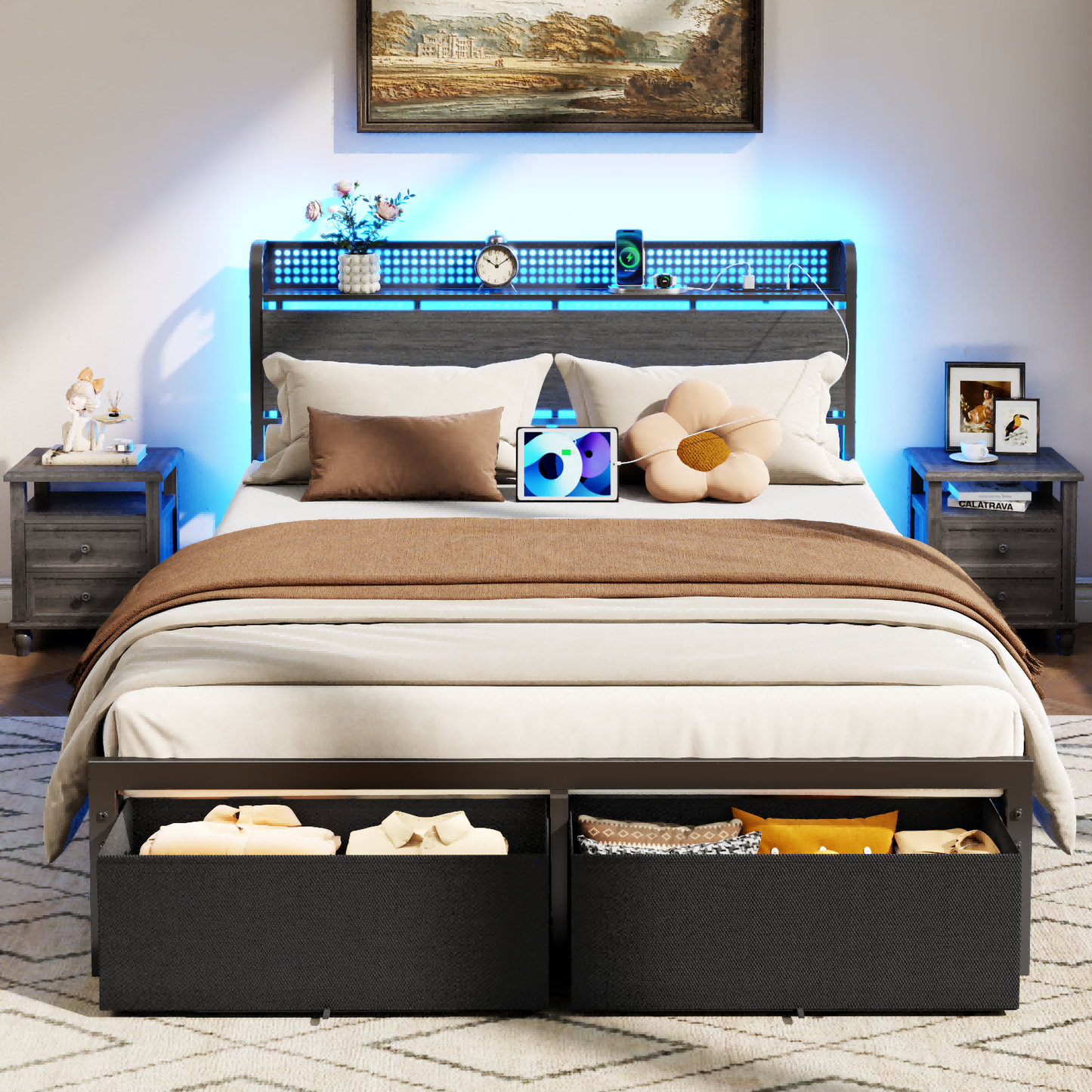 Furnulem Queen Bed Frame with Headboard Storage, Platform Bed Frame Queen Size with Charging Station, 2 Drawers & LED, No Box Spring Needed, Noise Free, Easy Assembly, Rustic Grey (1000 lbs Capacity)