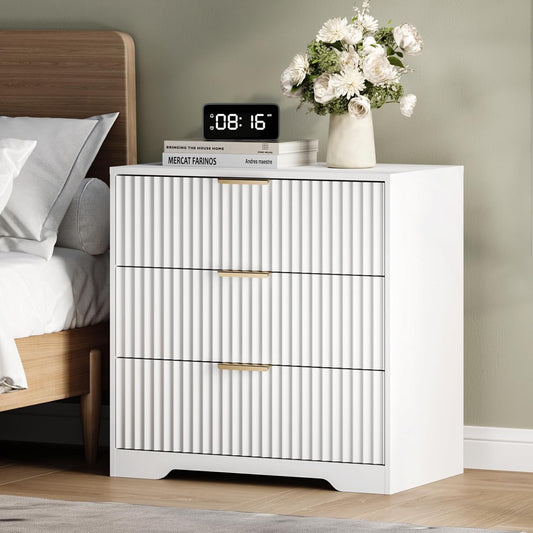 Furnulem Fluted Night Stand with 3 Drawers – White Bedside Table for Bedroom, Elegant 26'' Wide Wooden Nightstand Modern Furniture for Living Room, Hallway