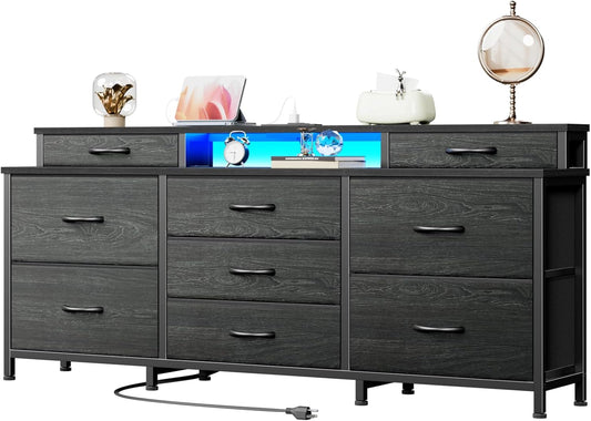 Furnulem Dresser, Black Dresser for Bedroom with 9 Storage Organizer Drawers and Open Shelf, 55" Entertainment Center with LED Lights and Charging Station, Chest of Drawers for Living Room Bedroom