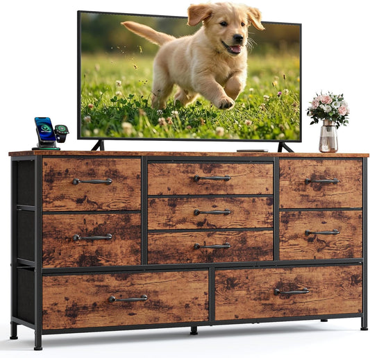 Furnulem 45” Long Dresser for Bedroom, Fabric Dresser with 9 Drawers, TV Stand with Storage, Chest of Drawers for Organization, Closet, Bedroom, Living Room, Hallway, Wood Top, Rustic Brown
