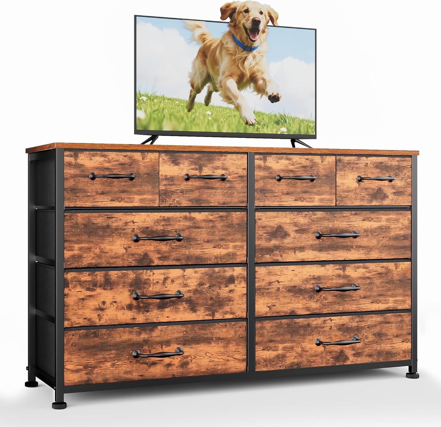 Furnulem Dresser for Bedroom with 10 Fabric Drawers, 45 Inch Long Dresser TV Stand, Entertainment Center with Storage, Dresses & Chests of Drawers for Closet, Living Room, Hallway, Rustic Brown