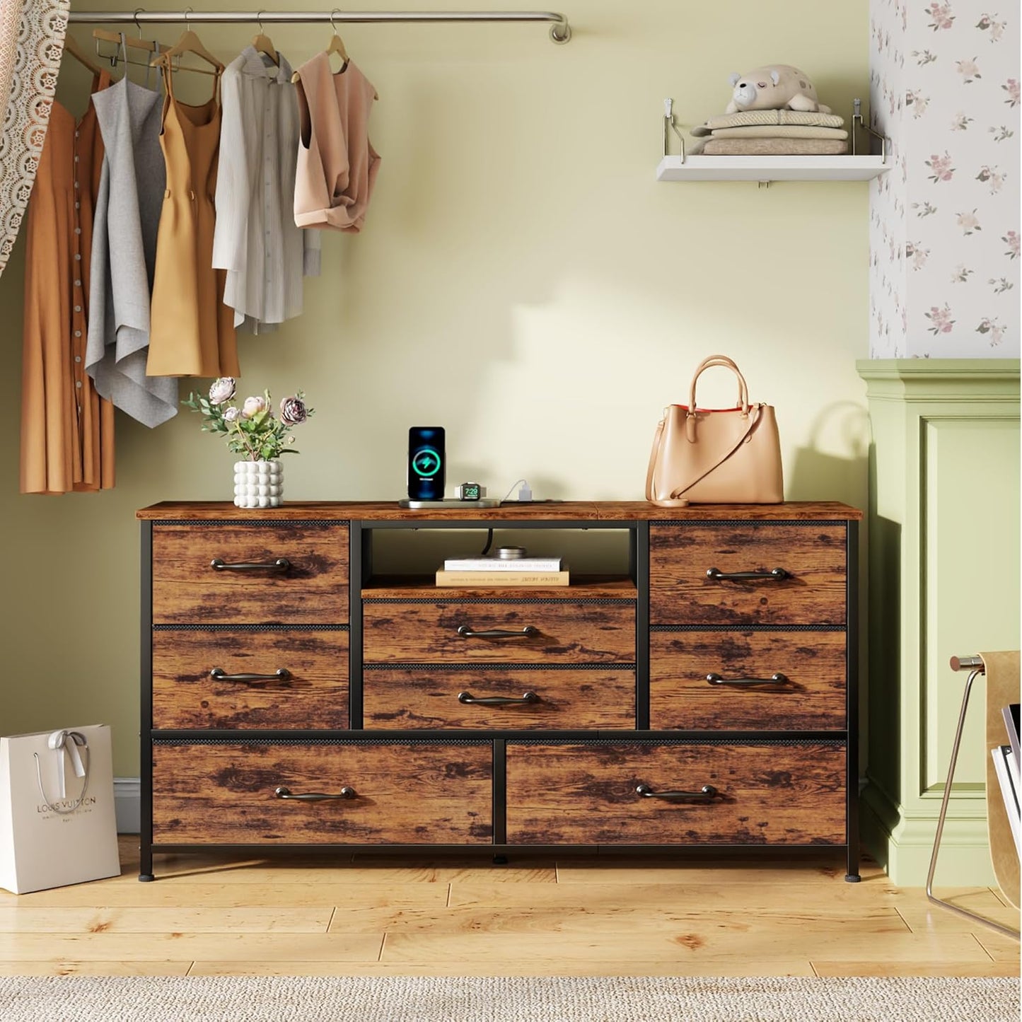 Furnulem 45” Long Dresser for Bedroom, TV Stand with Storage, 8 Drawer Fabric Dresser with Charging Station, Chest of Drawers for Bedroom, Living Room, Hallway, Wood Top, Rustic Brown