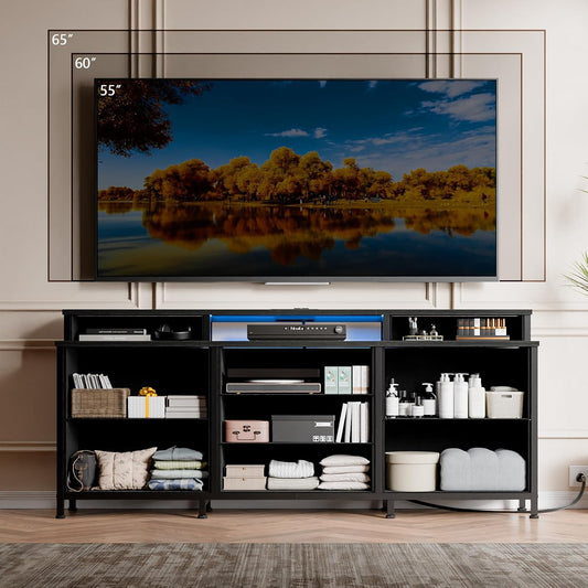 Furnulem Dresser, Black Dresser for Bedroom with 9 Storage Organizer Drawers and Open Shelf, 55" Entertainment Center with LED Lights and Charging Station, Chest of Drawers for Living Room Bedroom