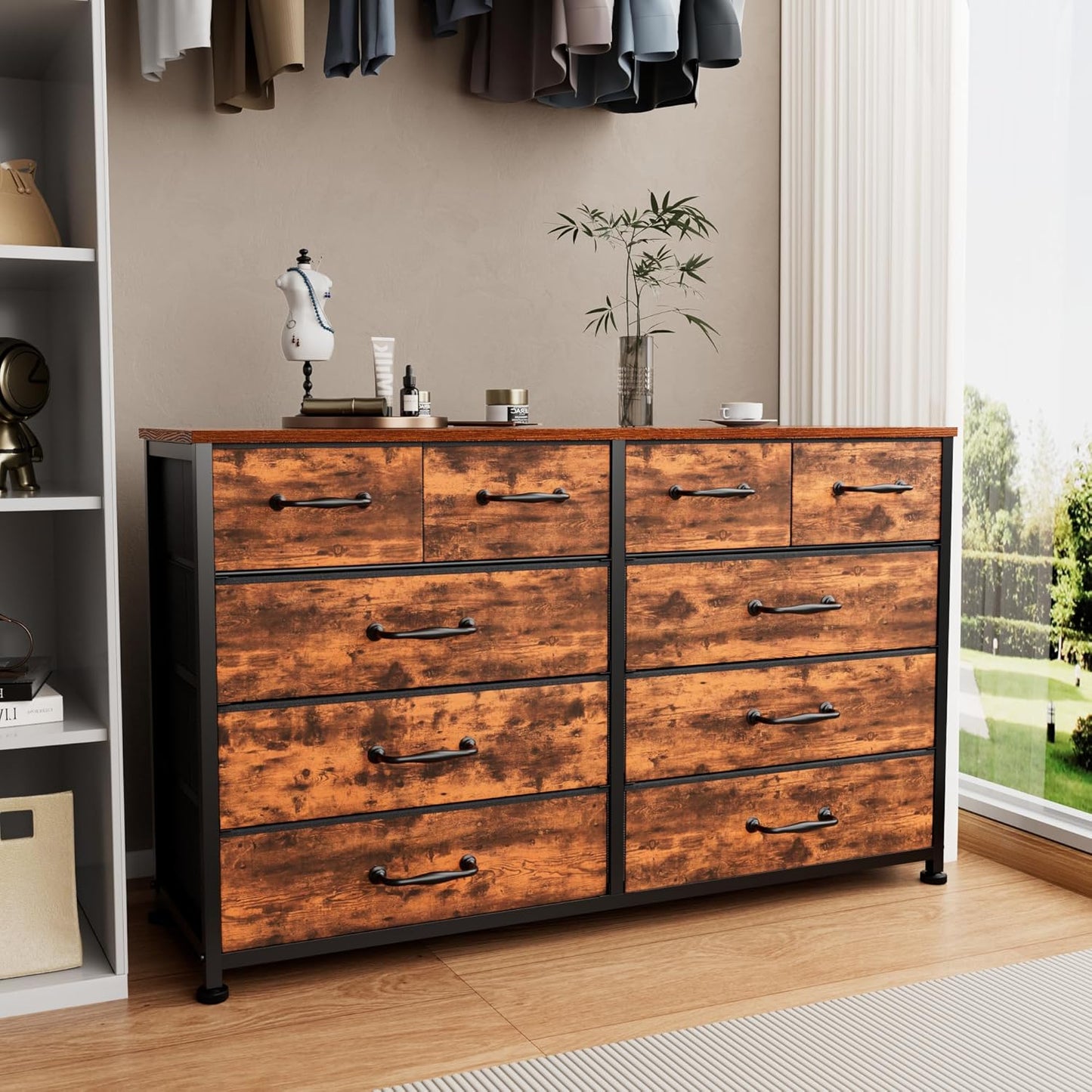 Furnulem Dresser for Bedroom with 10 Fabric Drawers, 45 Inch Long Dresser TV Stand, Entertainment Center with Storage, Dresses & Chests of Drawers for Closet, Living Room, Hallway, Rustic Brown