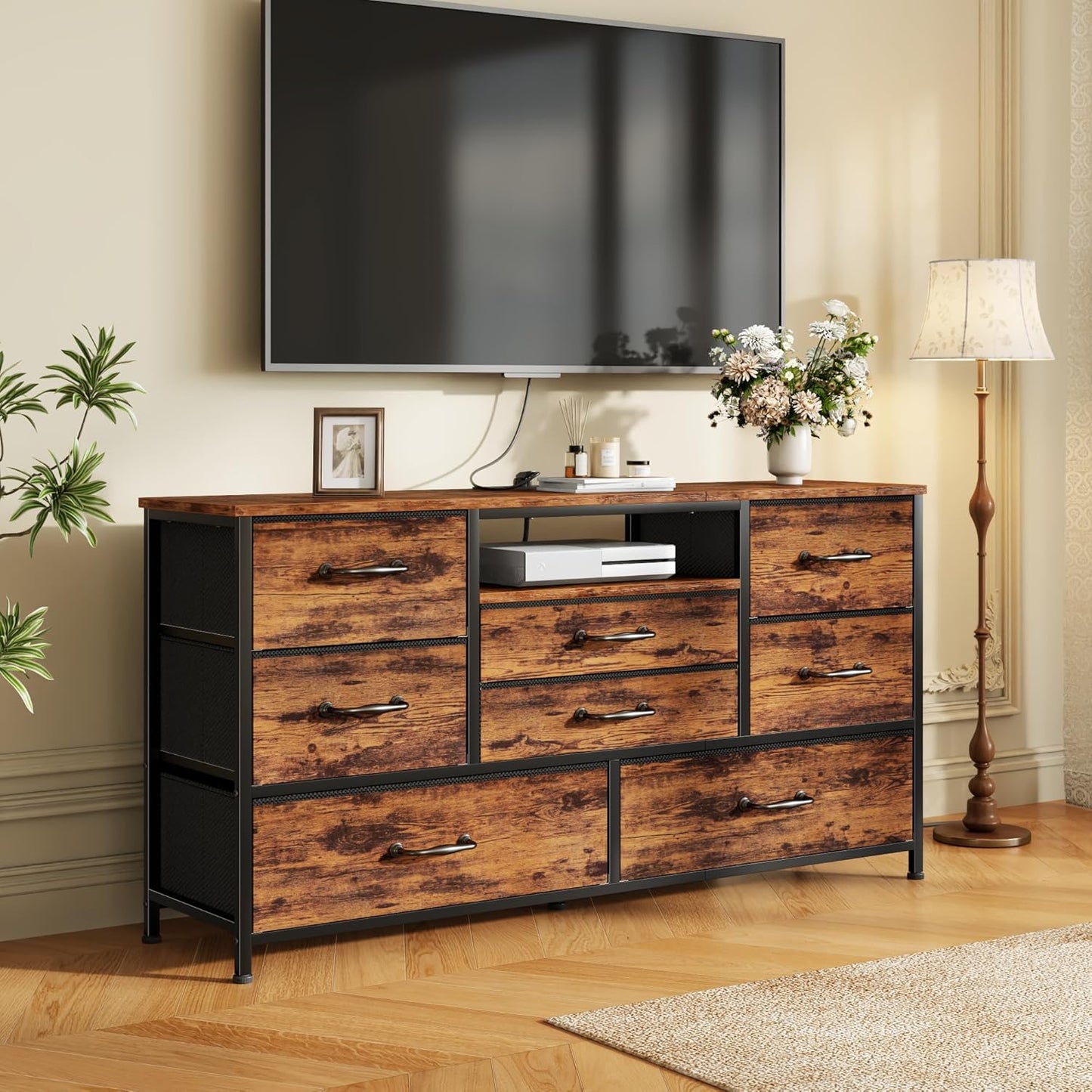 Furnulem 45” Long Dresser for Bedroom, TV Stand with Storage, 8 Drawer Fabric Dresser with Charging Station, Chest of Drawers for Bedroom, Living Room, Hallway, Wood Top, Rustic Brown