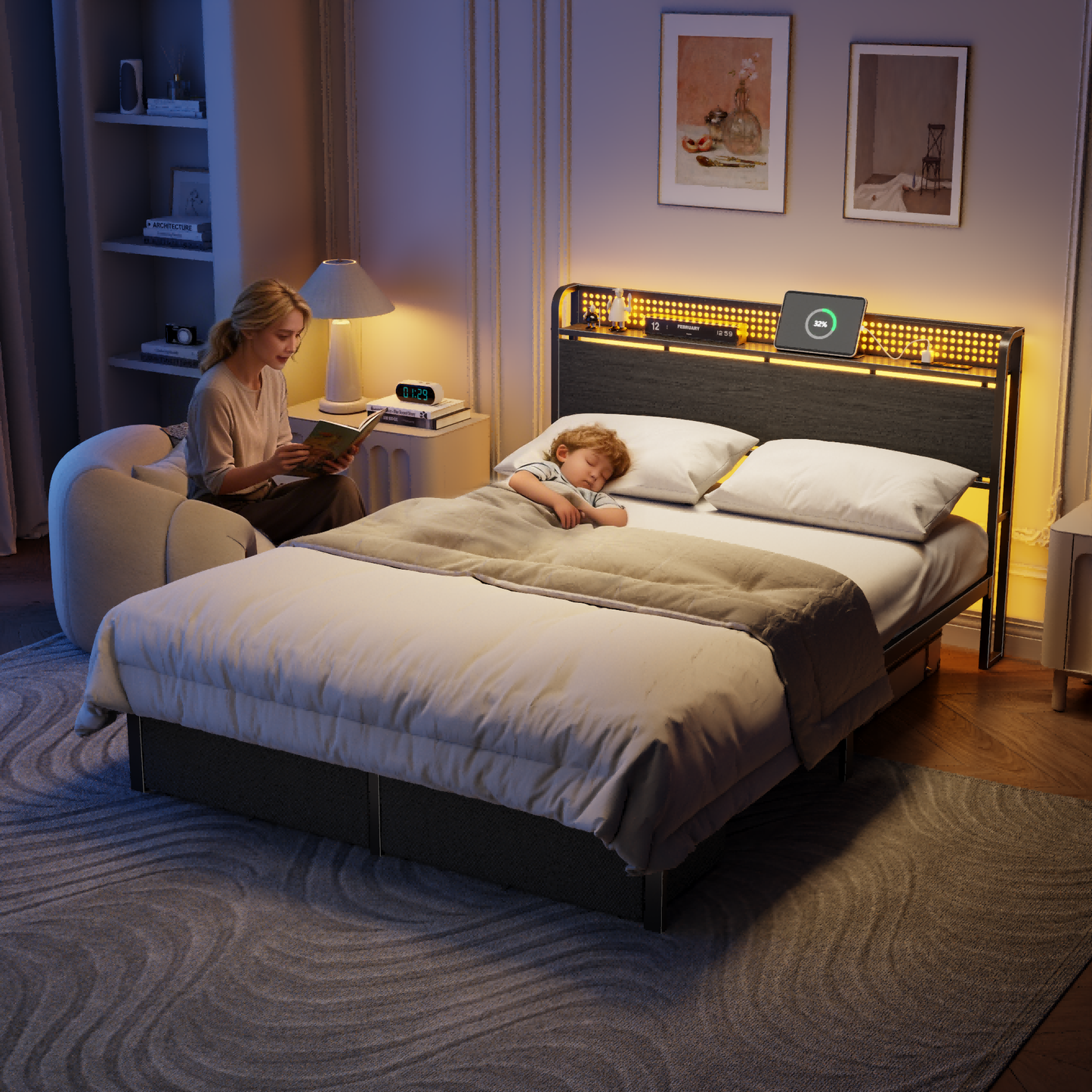 Furnulem Queen Bed Frame with Headboard Storage, Platform Bed Frame Queen Size with Charging Station, 2 Drawers & LED, No Box Spring Needed, Noise Free, Easy Assembly, Rustic Grey (1000 lbs Capacity)