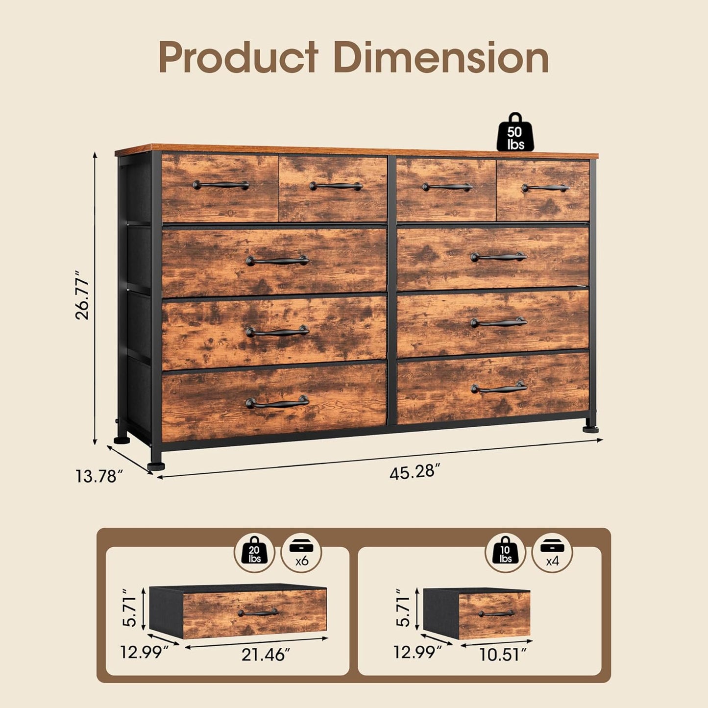 Furnulem Dresser for Bedroom with 10 Fabric Drawers, 45 Inch Long Dresser TV Stand, Entertainment Center with Storage, Dresses & Chests of Drawers for Closet, Living Room, Hallway, Rustic Brown