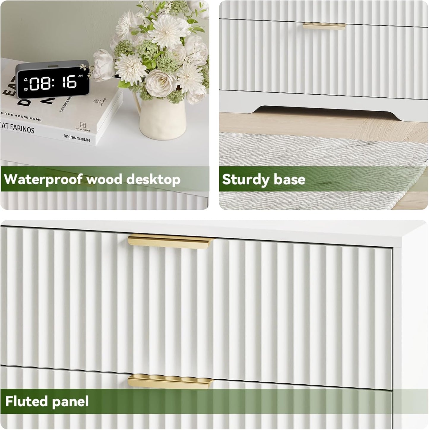 Furnulem Fluted Night Stand with 3 Drawers – White Bedside Table for Bedroom, Elegant 26'' Wide Wooden Nightstand Modern Furniture for Living Room, Hallway