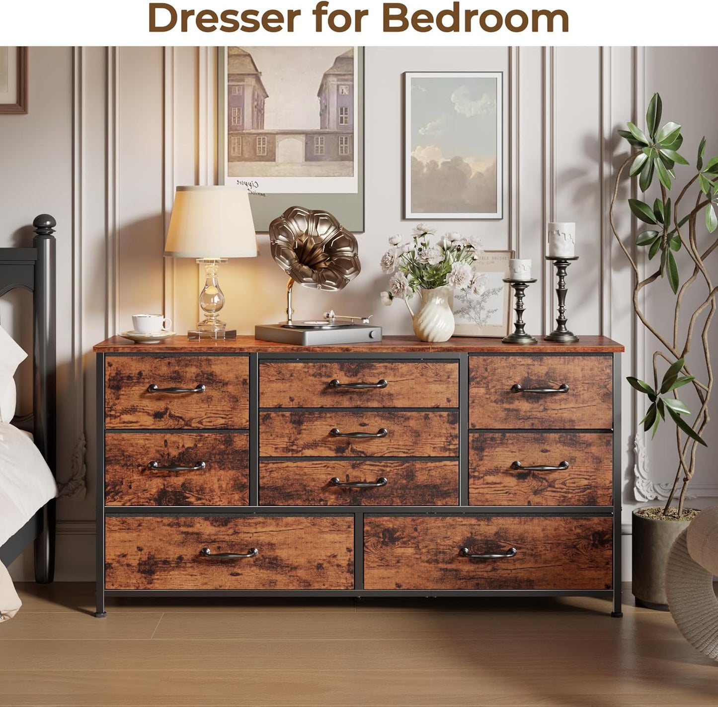 Furnulem 45” Long Dresser for Bedroom, Fabric Dresser with 9 Drawers, TV Stand with Storage, Chest of Drawers for Organization, Closet, Bedroom, Living Room, Hallway, Wood Top, Rustic Brown