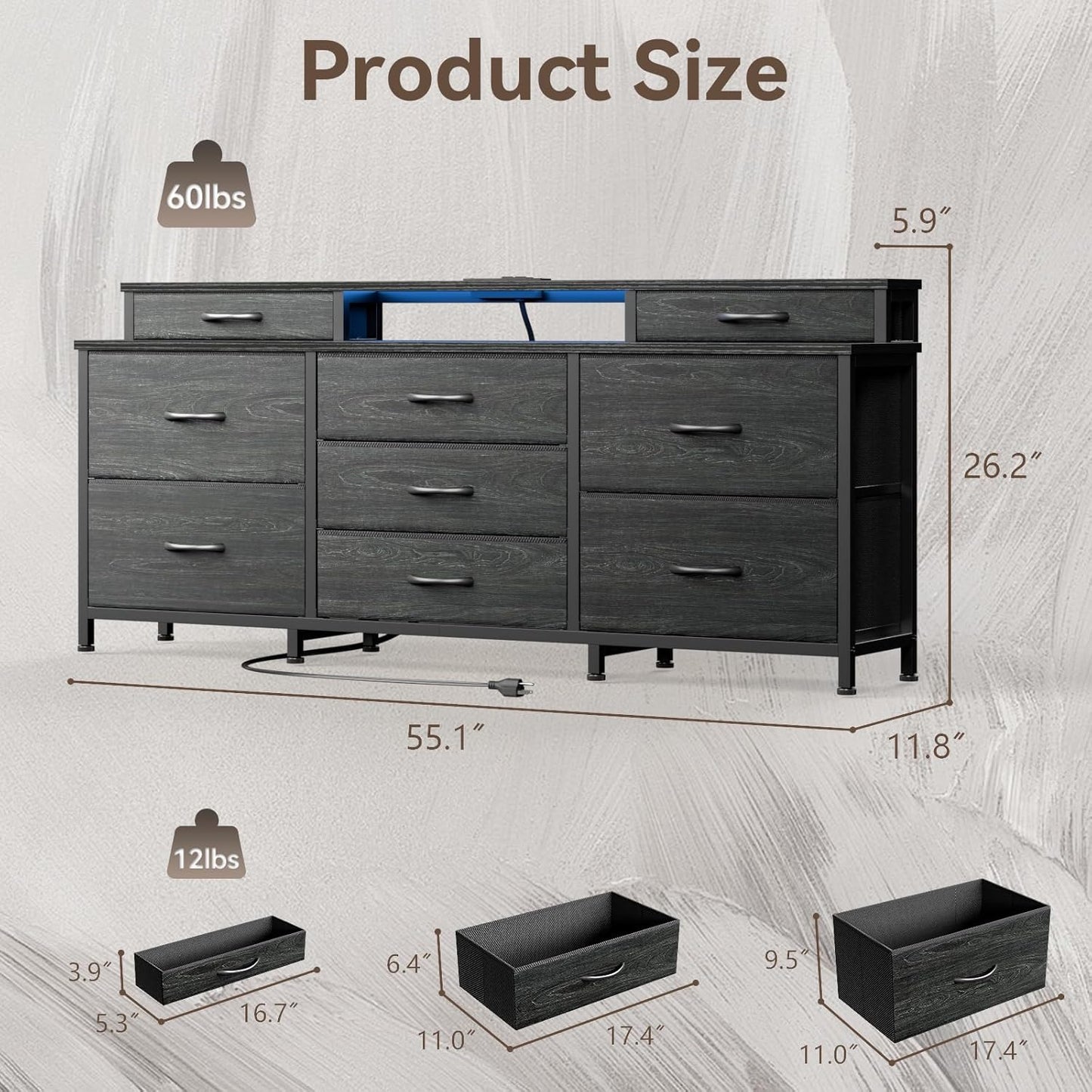 Furnulem Dresser, Black Dresser for Bedroom with 9 Storage Organizer Drawers and Open Shelf, 55" Entertainment Center with LED Lights and Charging Station, Chest of Drawers for Living Room Bedroom