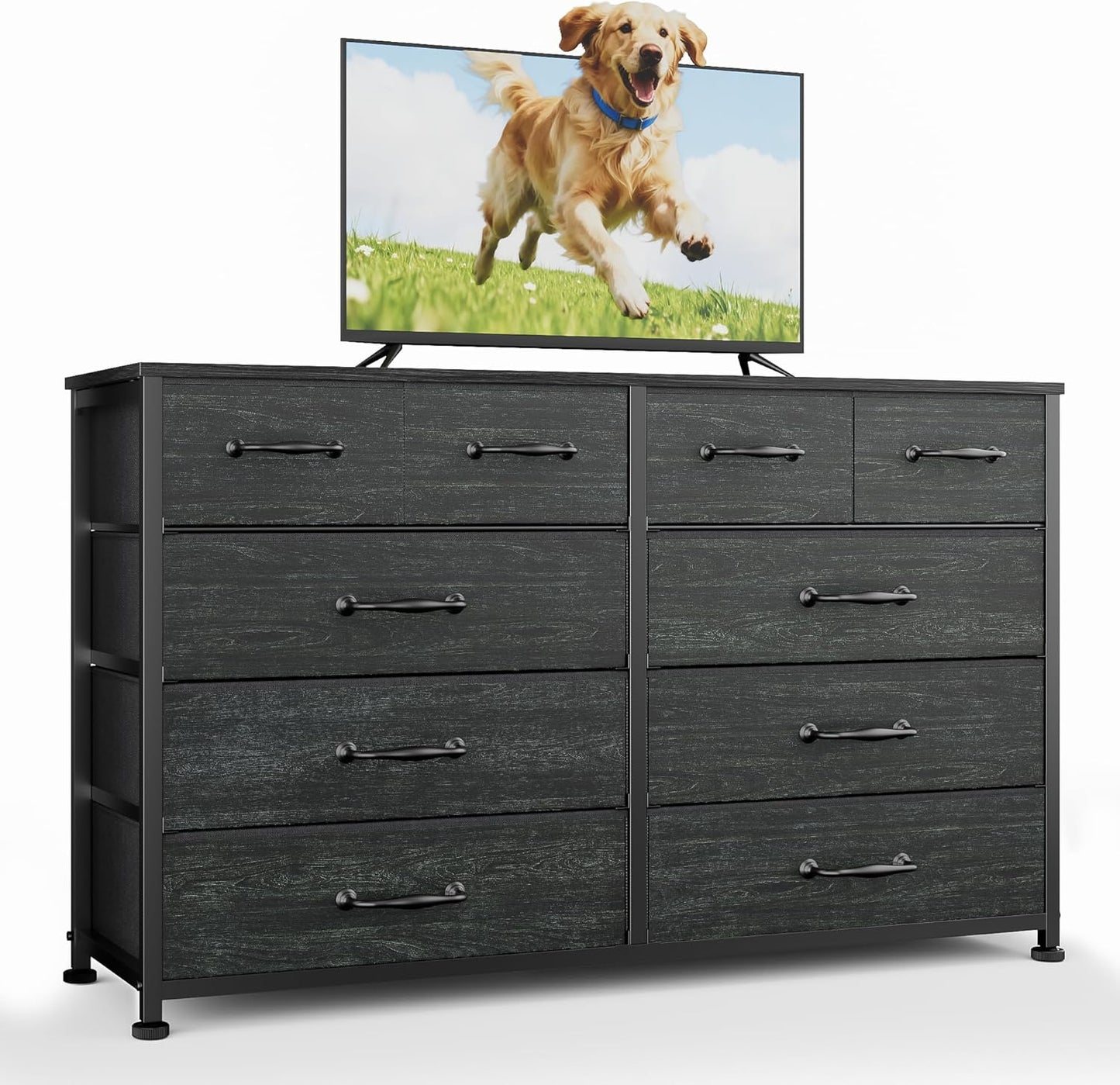 Furnulem Dresser for Bedroom with 10 Fabric Drawers, 45 Inch Long Dresser TV Stand, Entertainment Center with Storage, Dresses & Chests of Drawers for Closet, Living Room, Hallway, Black Oak