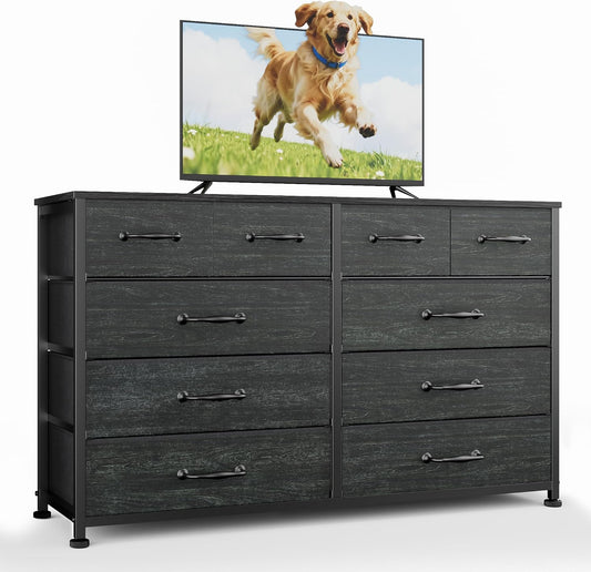 Furnulem Dresser for Bedroom with 10 Fabric Drawers, 45 Inch Long Dresser TV Stand, Entertainment Center with Storage, Dresses & Chests of Drawers for Closet, Living Room, Hallway, Black Oak