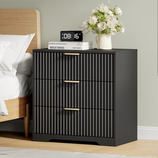 Furnulem Fluted 3-Drawer Night Stand, Black Modern Bedroom Side Table with Elegant Design – Compact Bedside Table for Small & Large Bedrooms