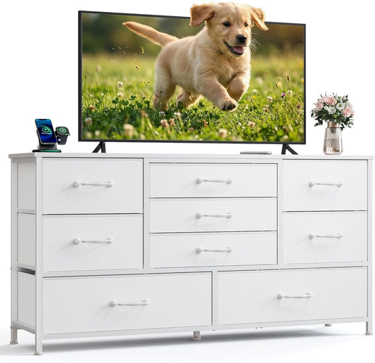 Furnulem 45” Long Dresser for Bedroom, Fabric Dresser with 9 Drawers, TV Stand with Storage, Chest of Drawers for Organization, Closet, Bedroom, Living Room, Hallway, Wood Top,White