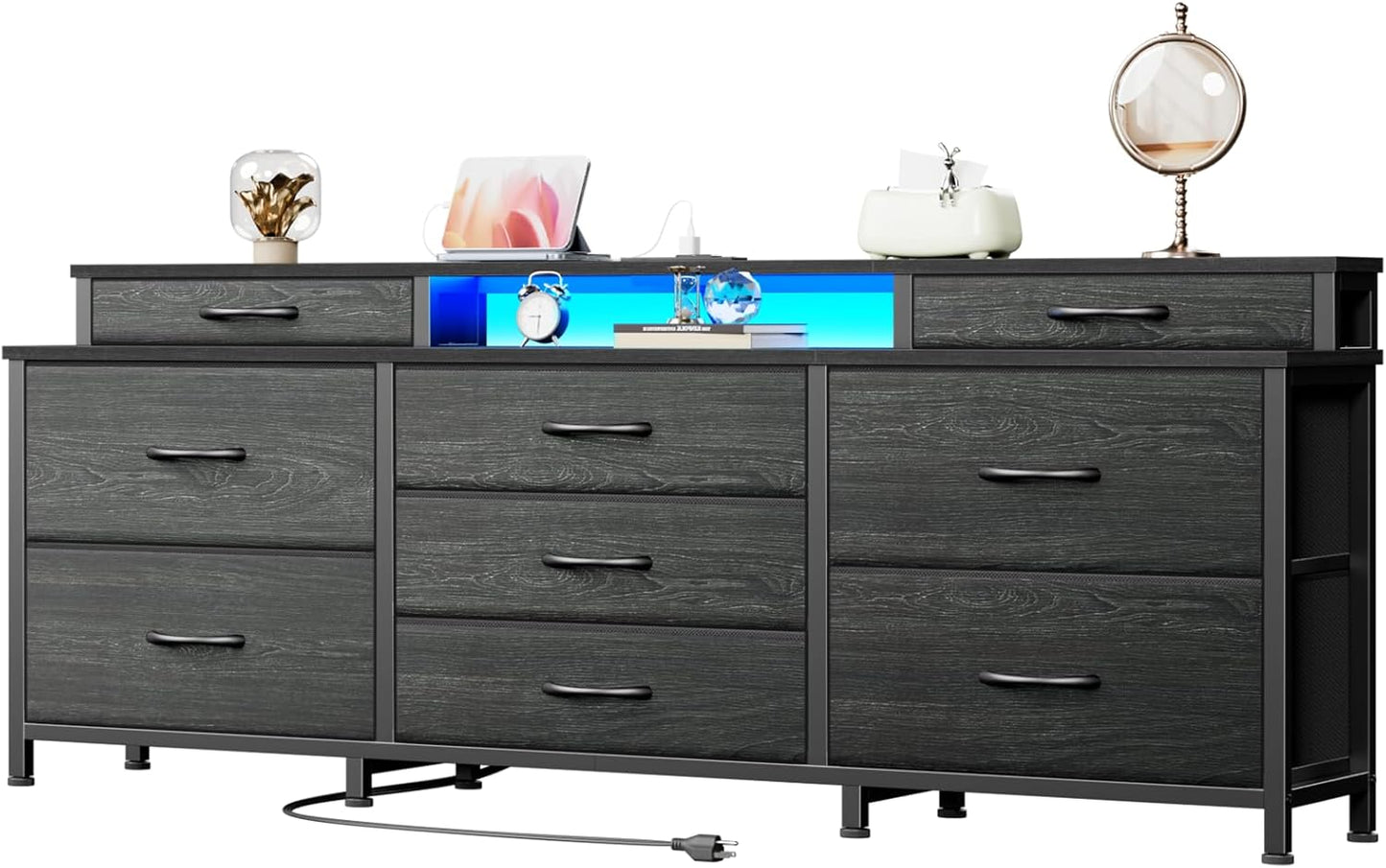 Furnulem Dresser, Black Dresser for Bedroom with 9 Storage Organizer Drawers and Open Shelf, 63" Entertainment Center with LED Lights and Charging Station, Chest of Drawers for Living Room Bedroom