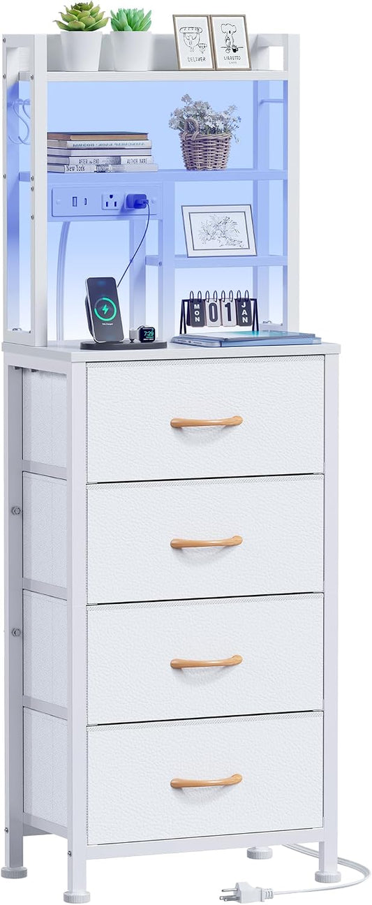 Furnulem Tall Night Stand, 52.1" LED White Nightstand with Charging Station