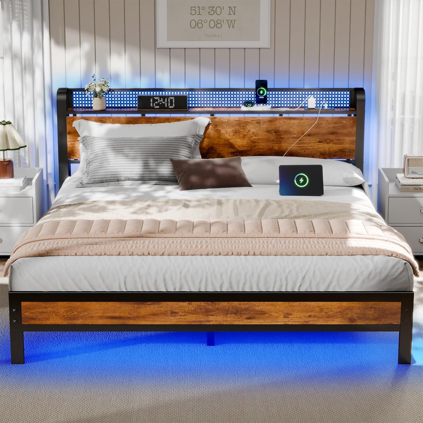 Furnulem Queen Bed Frame with Headboard Storage, Bed Frame Queen Size with Charging Station and LED Lights No Box Spring Needed,Heavy Duty Steel Slats,Noise Free