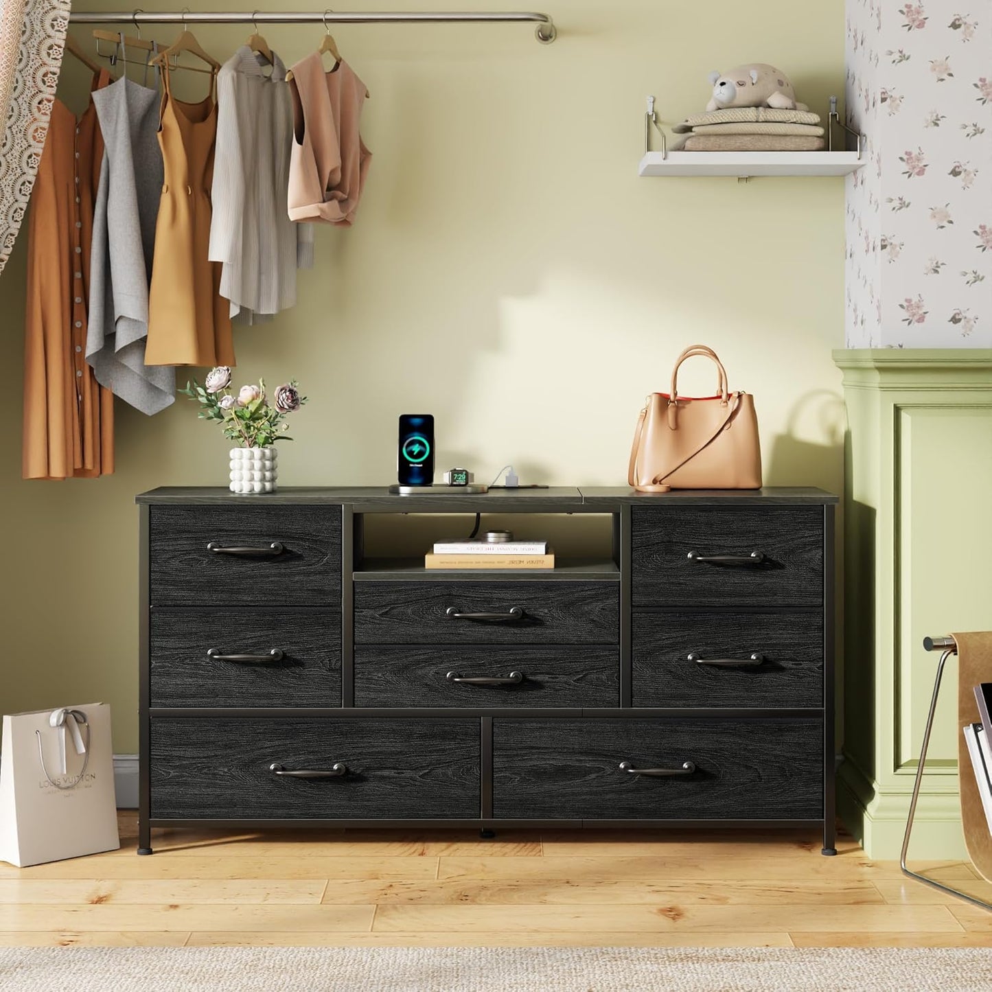 Furnulem 45” Long Dresser for Bedroom, TV Stand with Storage, 8 Drawer Fabric Dresser with Charging Station, Entertainment Center & Chest of Drawers for Bedroom, Living Room, Hallway, Wood Top, Black