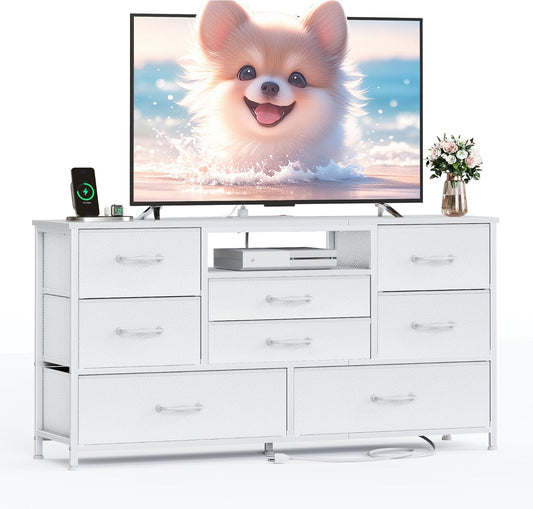 Furnulem 45” Long Dresser for Bedroom, TV Stand with Storage, 8 Drawer Fabric Dresser with Charging Station, Entertainment Center & Chest of Drawers for Bedroom, Living Room, Hallway, Wood Top, White