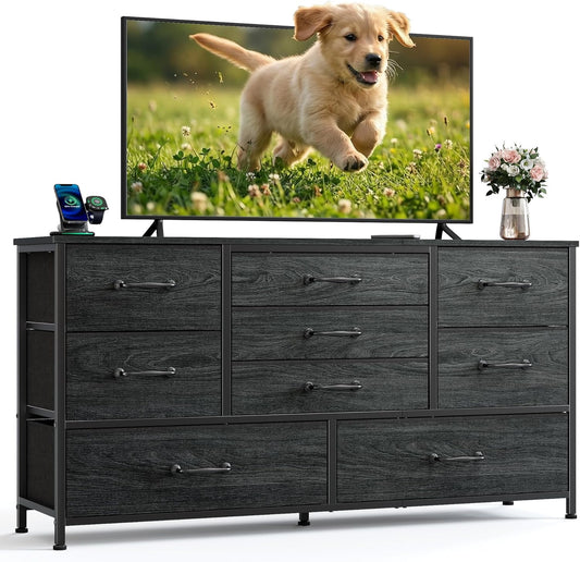 Furnulem 45” Long Dresser for Bedroom, Fabric Dresser with 9 Drawers, TV Stand with Storage, Chest of Drawers for Organization, Closet, Bedroom, Living Room, Hallway, Wood Top, Black