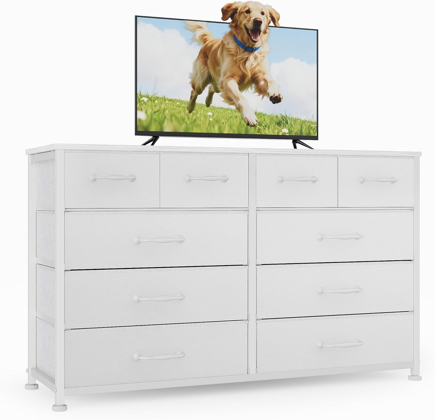 Furnulem Dresser for Bedroom with 10 Fabric Drawers, 45 Inch Long Dresser TV Stand, Entertainment Center with Storage, Dresses & Chests of Drawers for Closet, Living Room, Hallway, White