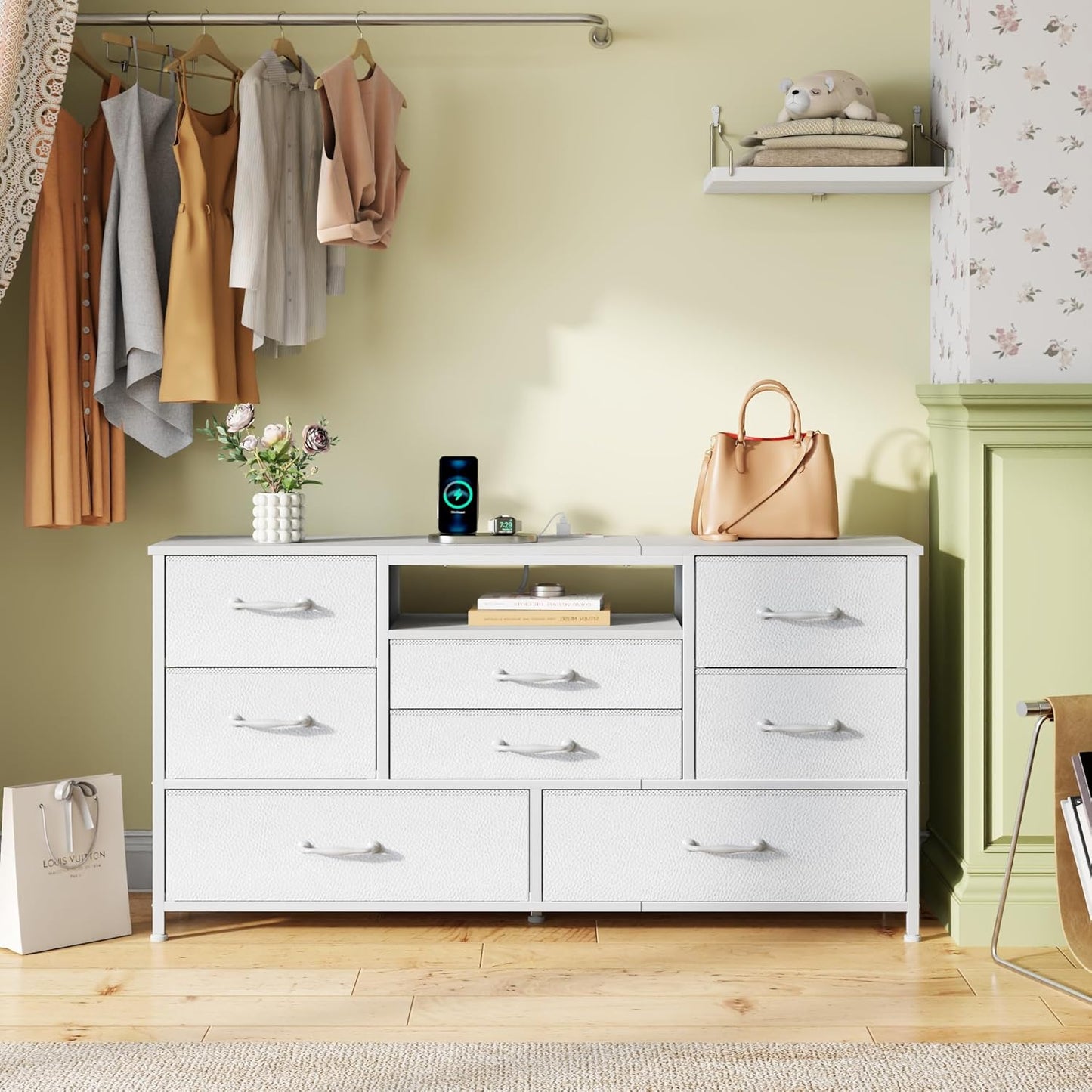 Furnulem 45” Long Dresser for Bedroom, TV Stand with Storage, 8 Drawer Fabric Dresser with Charging Station, Entertainment Center & Chest of Drawers for Bedroom, Living Room, Hallway, Wood Top, White