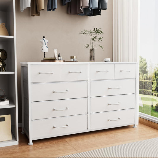 Furnulem Dresser for Bedroom with 10 Fabric Drawers, 45 Inch Long Dresser TV Stand, Entertainment Center with Storage, Dresses & Chests of Drawers for Closet, Living Room, Hallway, White